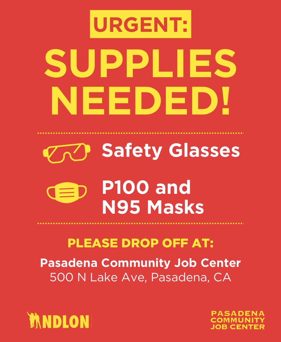 Urgent donations needed ASAP!

The Pasadena Job Center Fire Brigade Volunteers have requested the following:

P100 &amp; N95 Mask
Safety glasses/goggles

PLEASE DROP OFF AT:
Pasadena Community Job Center
500 N Lake Ave, Pasadena, CA