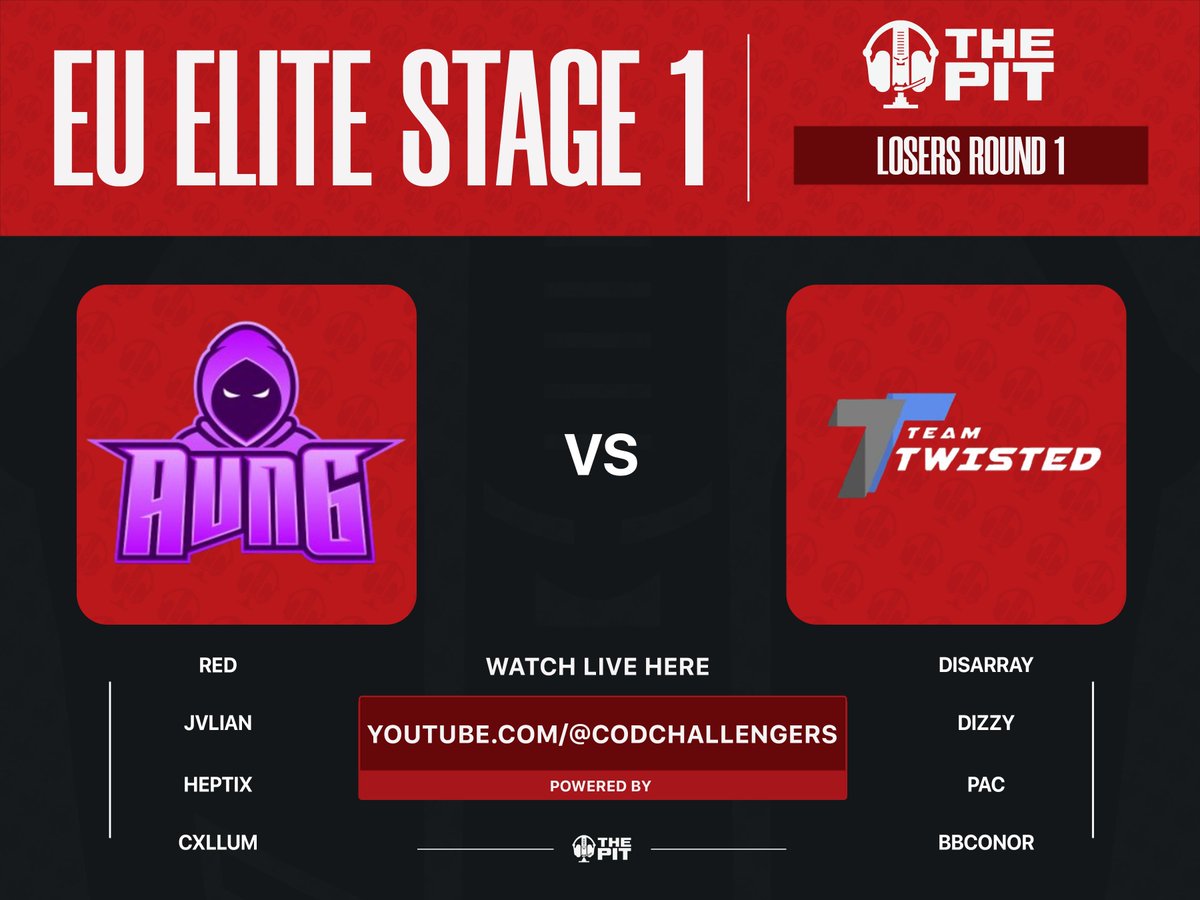 ThePit_EU's tweet image. EU Elite Stage 1 | Losers Round 1 

@AvngEsports
🟣@REDDENCOD_
🟣@JvlianCodd
🟣@Heptix2
🟣@Cxllumm_7

🆚

#TeamTwisted 
🔵@lDisarray
🔵@DizzyTT
🔵@Pac1_ 
🔵@BBConor_

🎙️@CJTunn 
🎙️@Bricetacular 

Stream: youtube.com/watch?v=PWAG-w…