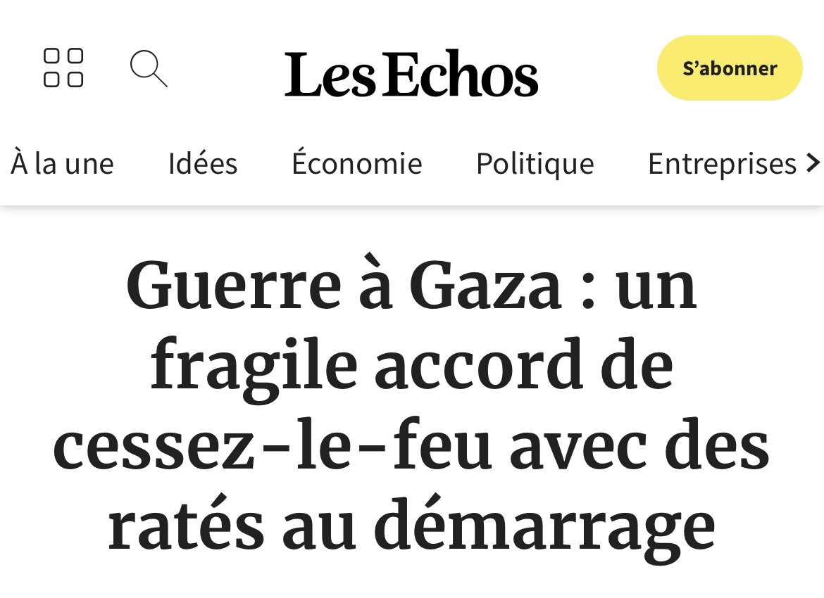 Israël a tué 73 palestiniens et palestiniennes depuis l’annonce du cessez-le-feu. Mais pour <a href="/LesEchos/">Les Echos</a>, ce ne sont que des « ratés au démarrage »
La déshumanisation des palestiniens, ça passe aussi par ces euphémismes.