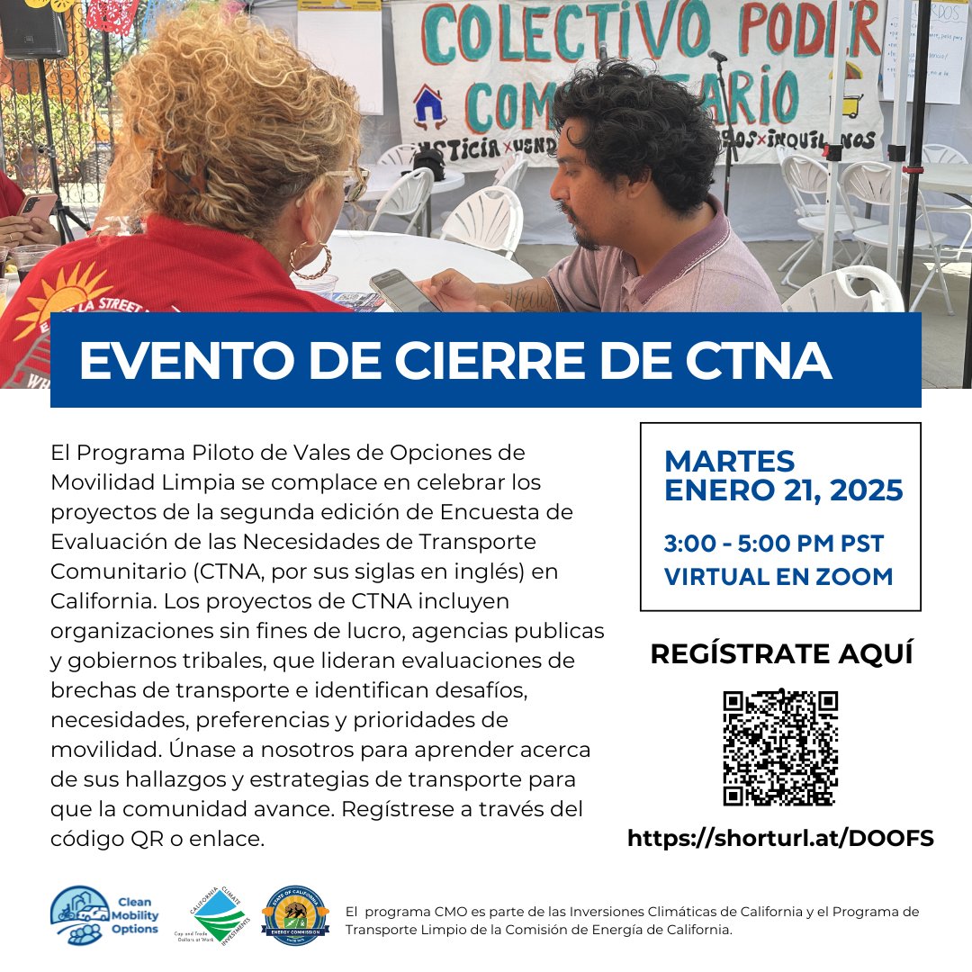 Shared-Use Mobility Center (@sharedusecenter) on Twitter photo Gracias a nuestro trabajo de <a href="/CACleanMobility/">Clean Mobility Options Voucher Program</a>, celebraremos la finalización de los vales de Evaluación de Necesidades de Transporte Comunitario financiados por <a href="/CalEnergy/">California Energy Commission - ⚡#CalEnergy</a> y <a href="/CAClimateInvest/">California Climate Investments</a>. Acompañenos el 21 de enero para aprender acerca de nuestros logros #CleanMobilityForAll. Gracias a nuestro trabajo de <a href="/CACleanMobility/">Clean Mobility Options Voucher Program</a>, celebraremos la finalización de los vales de Evaluación de Necesidades de Transporte Comunitario financiados por <a href="/CalEnergy/">California Energy Commission - ⚡#CalEnergy</a> y <a href="/CAClimateInvest/">California Climate Investments</a>. Acompañenos el 21 de enero para aprender acerca de nuestros logros #CleanMobilityForAll.