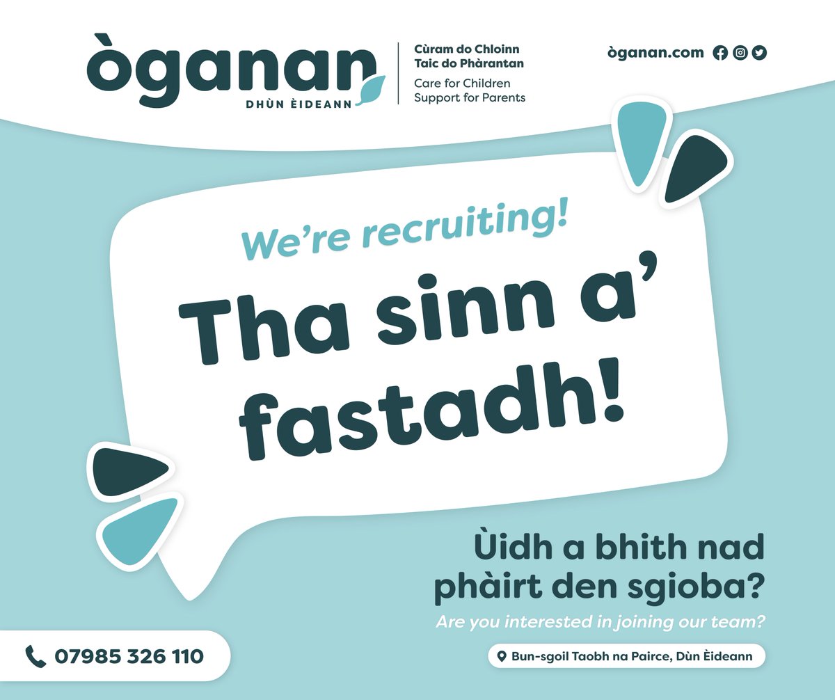 OgananChildcare's tweet photo. 📣 Tha sinn a’ #fastadh!
Lean an ceangal gu h-ìosal airson tuilleadh fiosrachaidh:
→ https://t.co/Qp8qbYMoaT
📣 We’re #recruiting!
Follow the link above for more information.
#Gàidhlig #Childcare #Cleachdi #Edinburgh #DùnÈideann #DèanDiofar https://t.co/Pnv6YALIgn