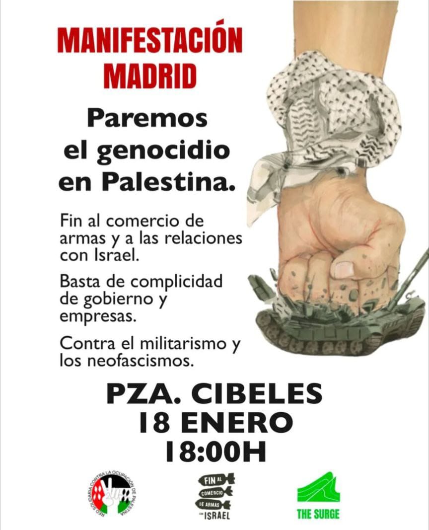 MareasCiudadana's tweet photo. Palestina 🇵🇸 La @RESCOP1 convoca en 30 ciudades del Estado Español a las manifestaciones   internacionales:
ALTO Al GENOCIDIO
❌Complicidad de gobiernos, empresas y comercio de armas con #Israel 
➡️MADRID 18-E
📍Cibeles-Plaza de España 18h
➡️BCN 18-E
📍12h. Jardinets de Gràcia https://t.co/ET7gAfevep