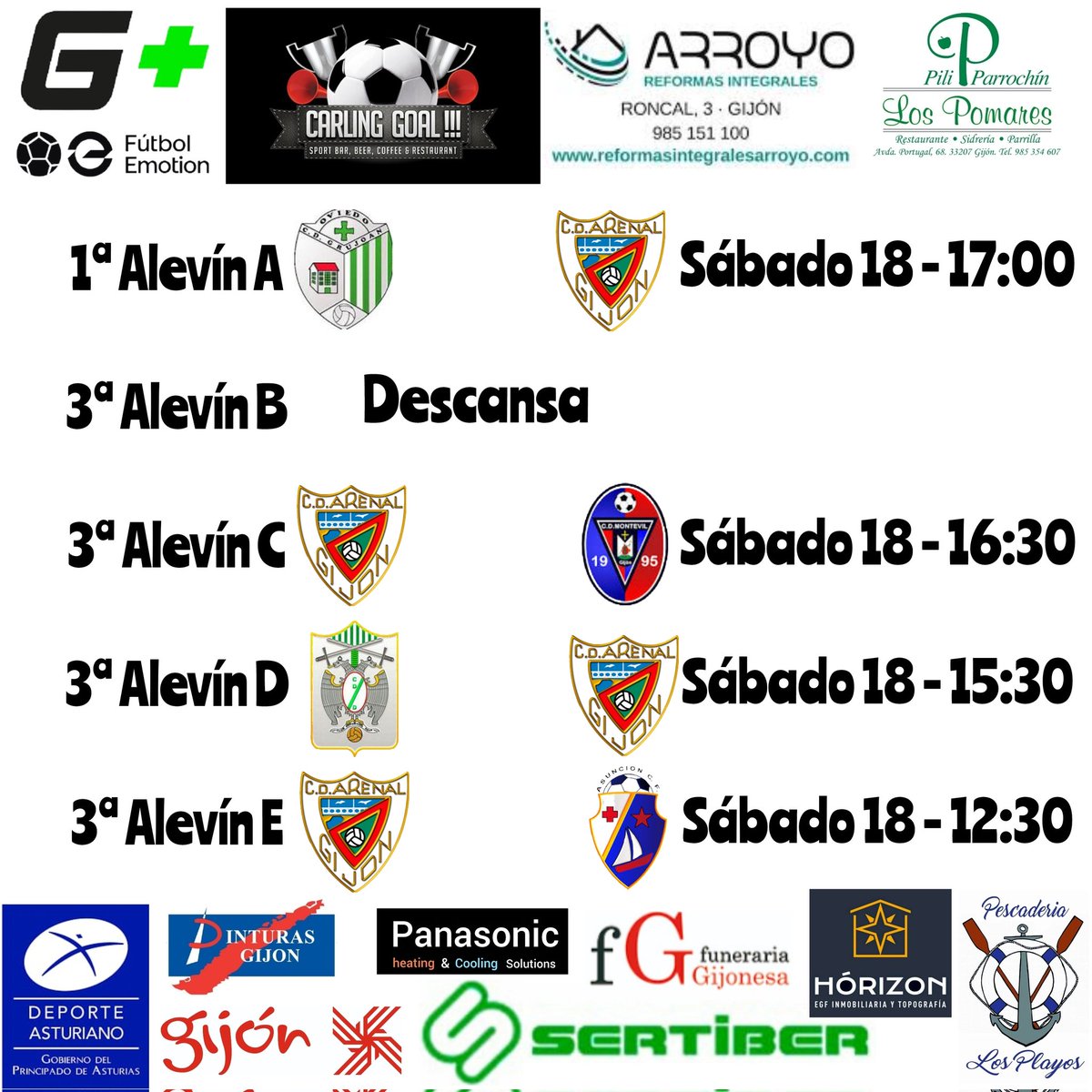 Horarios de los partidos de campo, para este próximo fin de semana.
Destacar 3 partidos , como el del Juvenil A, el Cadete A y el Alevín A ,que tienen este fin de semana partidos muy importantes para poder lograr sus objetivos.