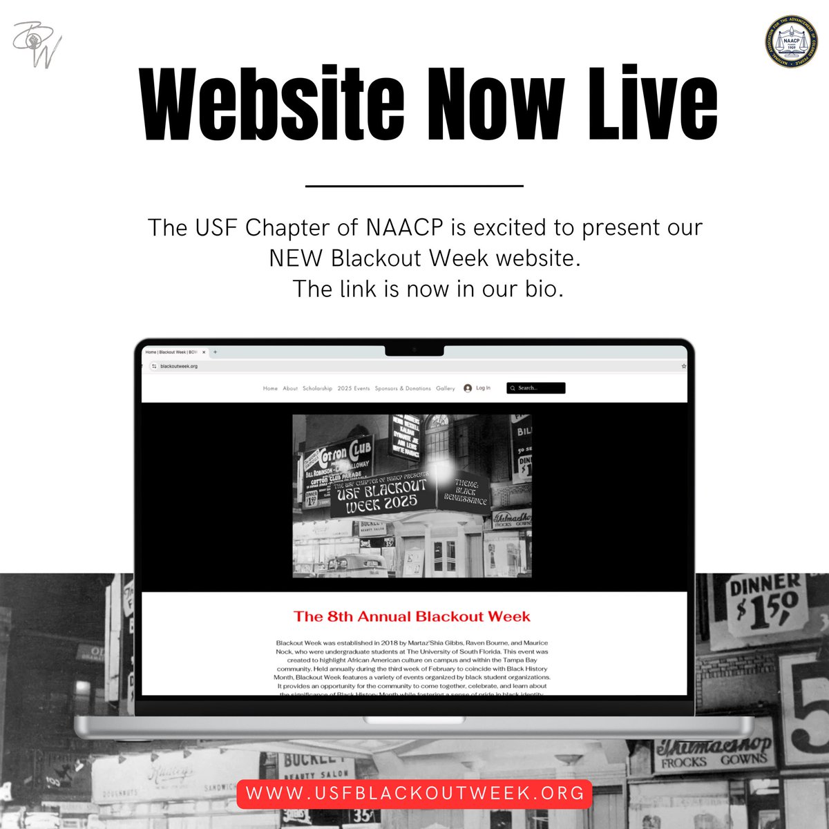 USFBlackOutWeek's tweet photo. The USF Chapter of NAACP @usfnaacp, is proud to present our USF Blackout Week official Website! 

Our Website is now LIVE! Just go click the link in our bio 🙌🏾

#USFNAACP #USFBOW 

https://t.co/Yj8u5J76YZ https://t.co/CE1Ez9lb6E