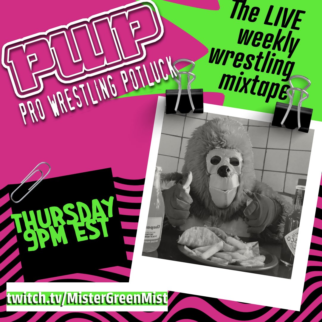 ScotlandGreen's tweet photo. PRO WRESTLING POTLUCK is BACK!  The LIVE weekly, wrestling mixtape rides again!   
THIS WEEK: 
- Royal Rumble Rip-offs volume 2 
- RAD to SAD ranking of MOVE NAMES  
- matches  
- promos  
- weird junk  
AND MORE?!?  
Woweeeee! It all goes down 9pm est  
https://t.co/1b36SNR0pT https://t.co/4HeP01j12q