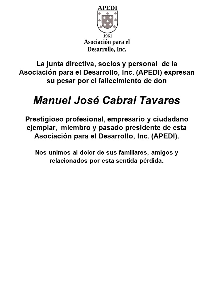 APEDIRD's tweet photo. Lamentamos informar el fallecimiento de Don Manuel José Cabral, socios y pasado presidente de APEDI. Merece ser honrado y recordado por su activa y productiva vida, en la cual se destacó como profesional, docente, funcionario público, empresario y promotor del desarrollo. https://t.co/lwiLWcsfgw