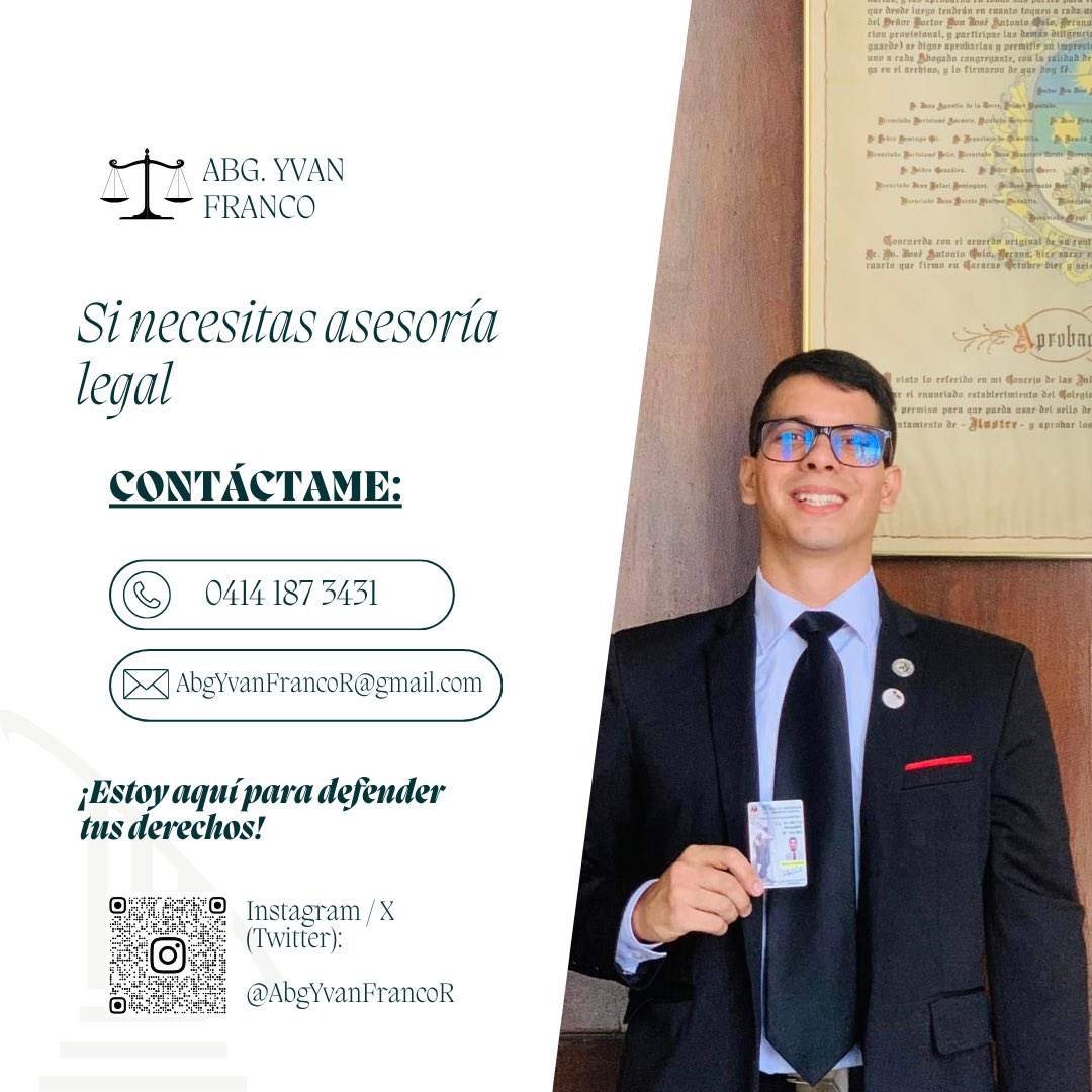 AbgYvanFrancoR's tweet photo. ¿Buscas un abogado en Caracas o en La Guaira? 

Contáctame al 04141873431 o al correo YvanFrancoR@gmail.com https://t.co/hTdAHt1Y8R