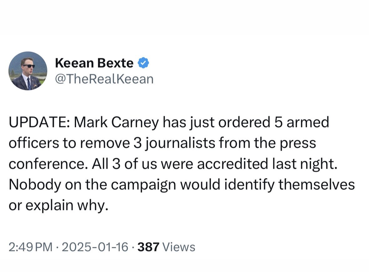 MelissaLMRogers's tweet photo. MARK CARNEY just ordered 5 armed officers to remove 3 journalists from his press conference. GREAT start to replacing TRUDEAU https://t.co/7Y6TNlHMwm
