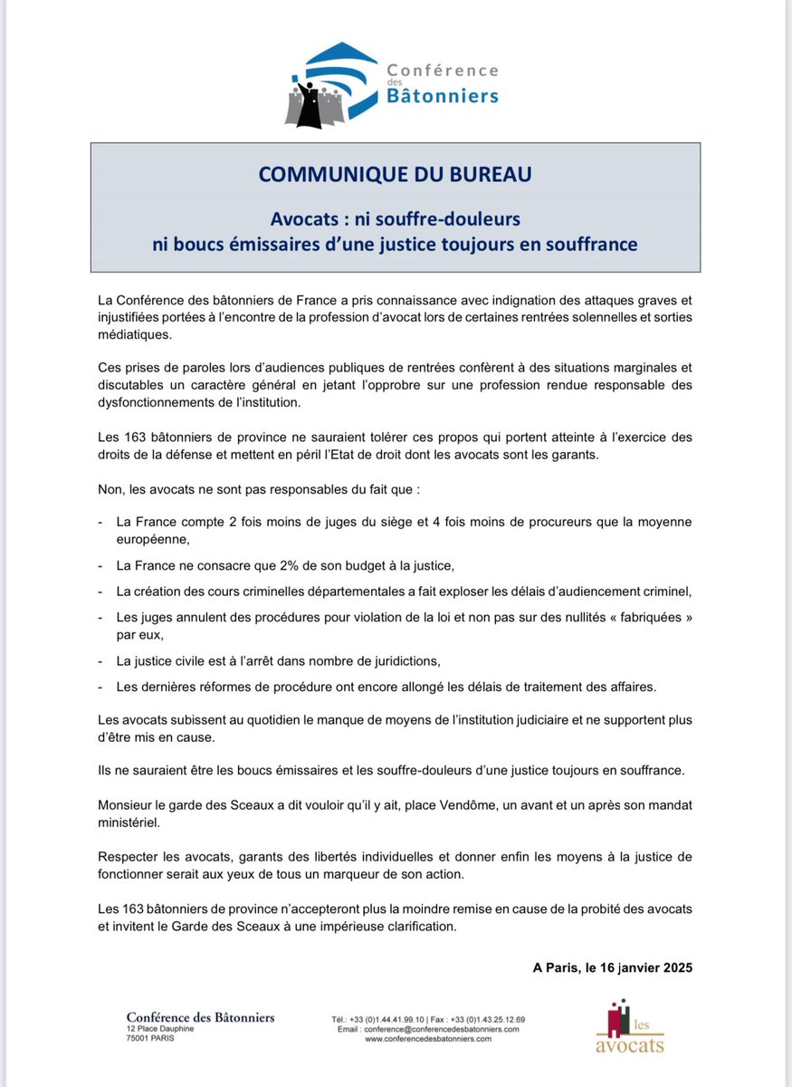 COBEST (@cobest_) on Twitter photo ⛔️ Les avocats ne sauraient être tenus pour responsables du manque de moyens de l’institution judiciaire. Notre rôle est au contraire d’œuvrer avec indépendance, aux côtés des magistrats, au bon fonctionnement de la justice du pays
<a href="/Conf_Batonniers/">ConférenceBâtonniers</a> <a href="/CNBarreaux/">Conseil national des barreaux - les avocats</a> ⛔️ Les avocats ne sauraient être tenus pour responsables du manque de moyens de l’institution judiciaire. Notre rôle est au contraire d’œuvrer avec indépendance, aux côtés des magistrats, au bon fonctionnement de la justice du pays
<a href="/Conf_Batonniers/">ConférenceBâtonniers</a> <a href="/CNBarreaux/">Conseil national des barreaux - les avocats</a>
