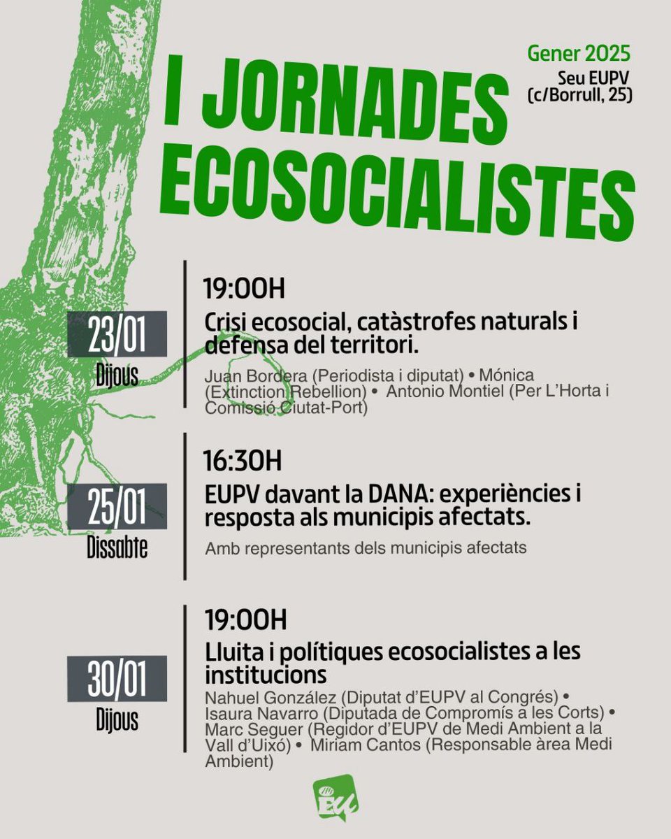 🌱El pròxim 23 de gener arranquen les nostres I Jornades Ecosocialistes.
Us convidem a participar de les tres jornades que hem organitzat. Adjuntem el cartell amb dates i ponents. 
Us esperem!