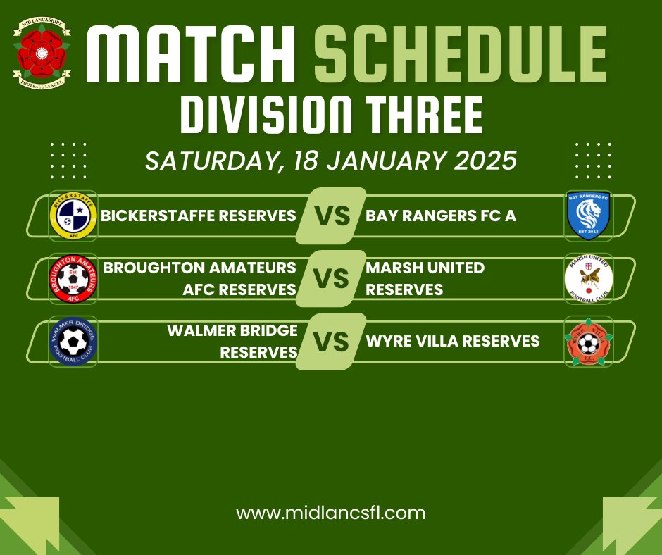 Following last week's weather disruptions, most league fixtures are rescheduled, including:

<a href="/CubeFCBolton/">Cube FC</a> v <a href="/wilfs_fc/">Standish St Wilfs FC 🦉</a> Reserves

Teams are asked to observe a minute's silence for Peter Hargreaves (<a href="/ribchesterfc/">Ribchester Rovers FC</a>) and Ellis Folkard (<a href="/shevingtonfc/">Shevington FC</a>).

#MidLancsFL #LeagueAction