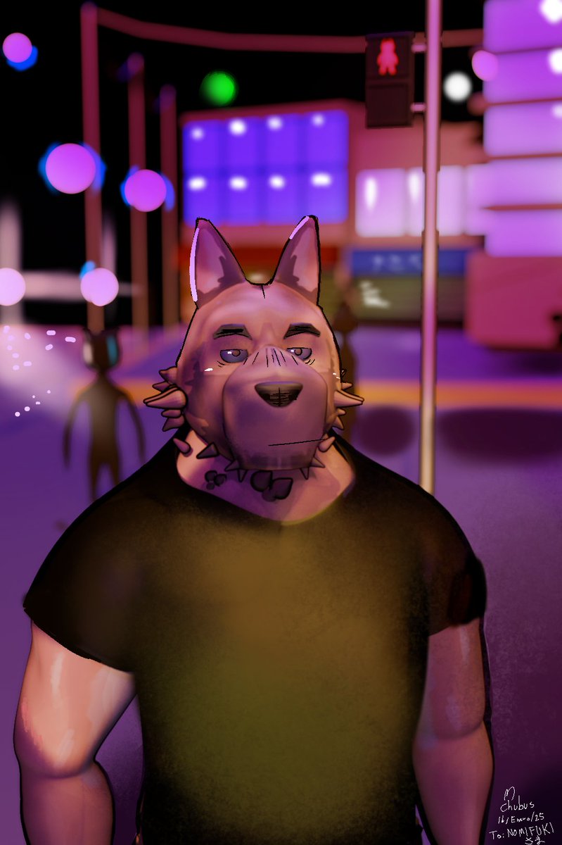 Chubosa's tweet photo. On the street 
🐶🌙
A small render dedicate of one of the characters of @nomifuki. Does he have a name?
Check out her artwork, is amazing 😍😁🥹

#furry #blender #furryartwork #furryfandom #3dart https://t.co/xzRoD6KbSt