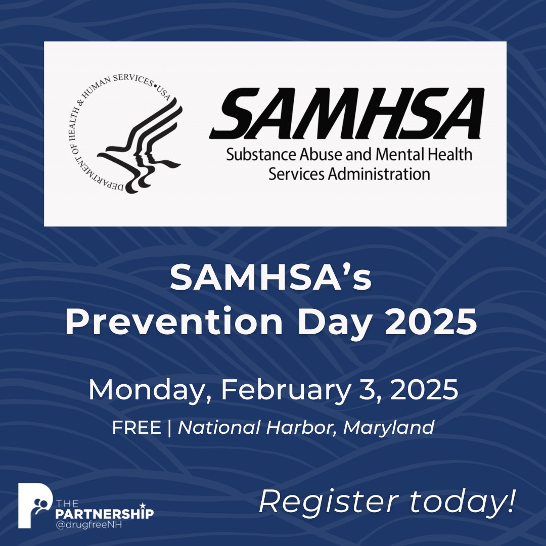Join SAMHSA’s Prevention Day 2025. 🌟 Connect with prevention leaders to explore innovative strategies and share successes under the theme “Telling the Prevention Story.” drugfreenh.org/event/samhsas-… #ThePartnershipNH