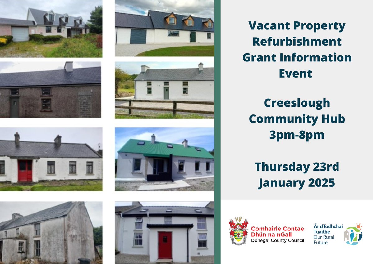 The Vacant Property Refurbishment Grant provides grants of up to €84,000 to refurbish properties that have been vacant for 2 years or more and built on or before the end of 2007. Drop into the Creeslough Community Hub Thursday 23rd from 3-8pm to learn more

#Donegal #YourCouncil