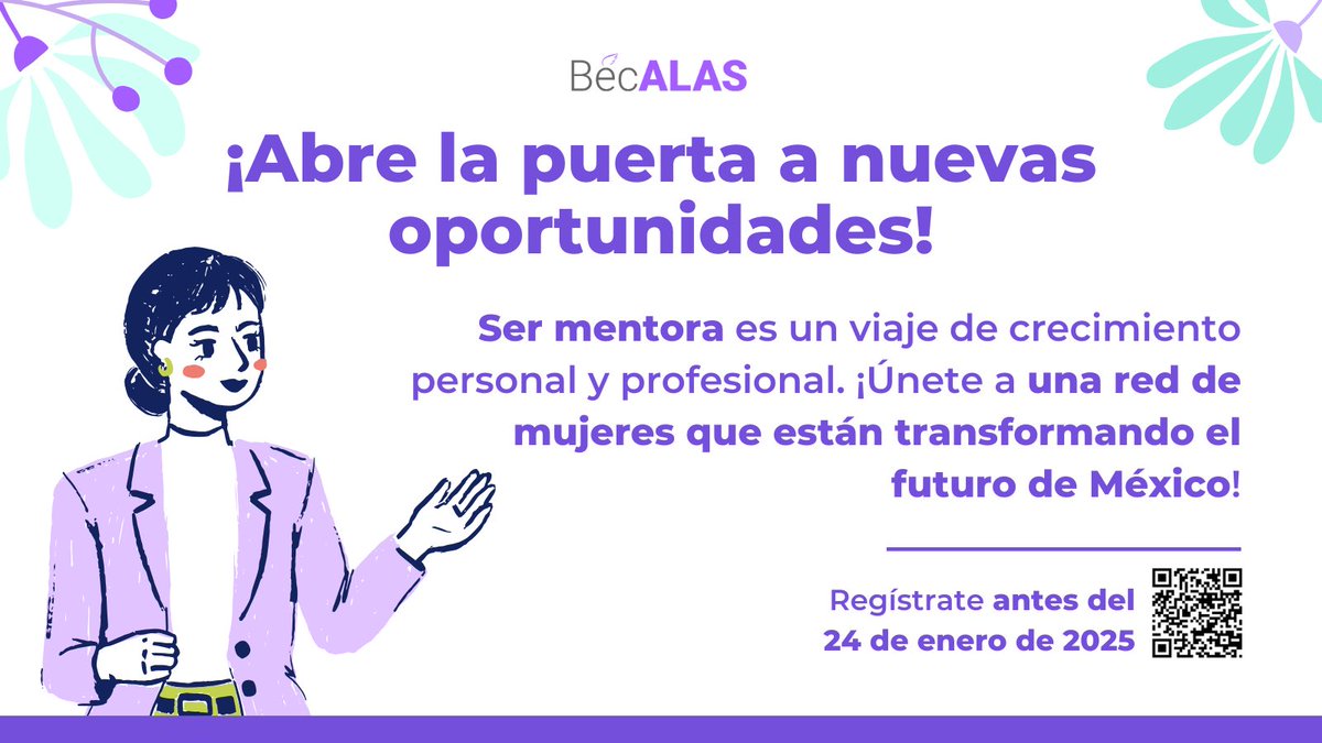 ¡Sé parte del cambio! 🚀 

Como mentora en Bécalas, acompañarás a jóvenes universitarias en su crecimiento profesional y personal. Únete a una red de mujeres mexicanas comprometidas con el apoyo mutuo 💜

📅 Regístrate antes del 24 de enero.
🔗 forms.gle/1RJW9avzw9ouWL…