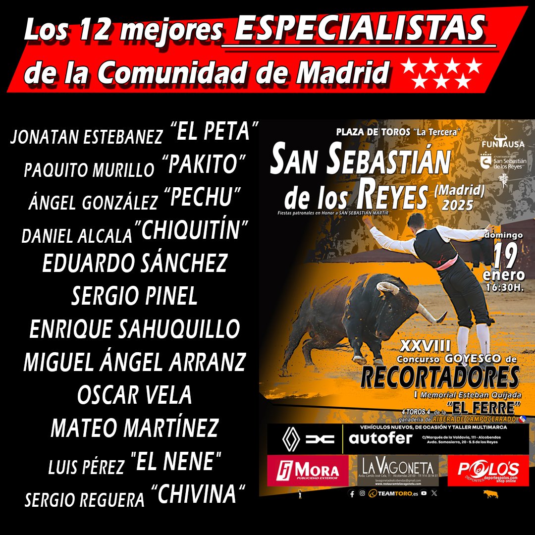 👉🏽💥Es un honor dar a conocer a los 12 recortadores que participarán en el primer Memorial Esteban Quijada "Ferre", un homenaje a su legado y pasión por el arte del recorte.
¡Un evento lleno de valentía,destreza y emoción que no te puedes perder!

📅 Domingo 19 Enero
🕟 16:30h