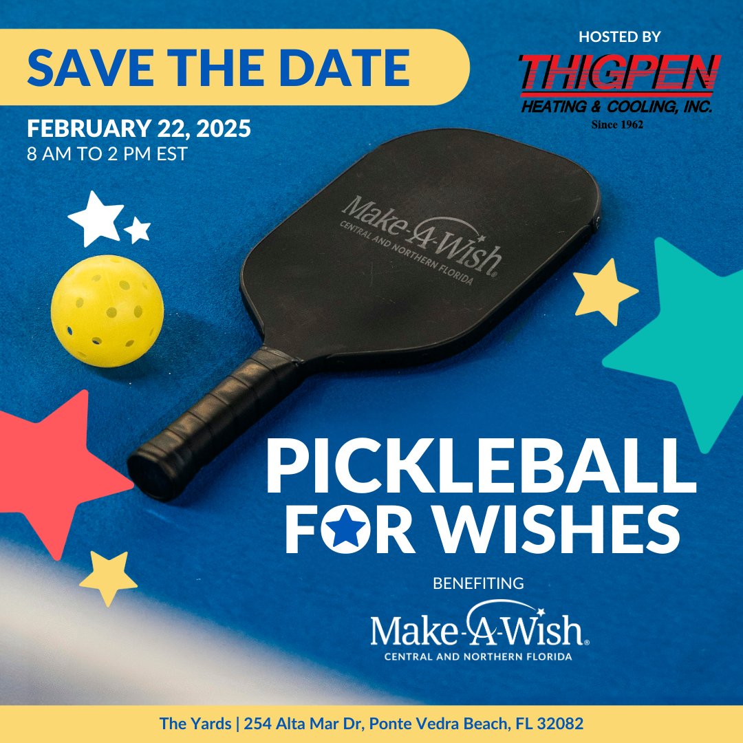 🏓 Join us for the 2nd Annual Pickleball For Wishes Tournament on Feb 22, from 8AM - 2PM at The Yards in Ponte Vedra Beach! Presented by Thigpen Heating &amp; Cooling, this event raises funds to grant wishes for kids facing critical illnesses. 💙

💻 Register: forms.gle/ikdQtffguJMwkq…