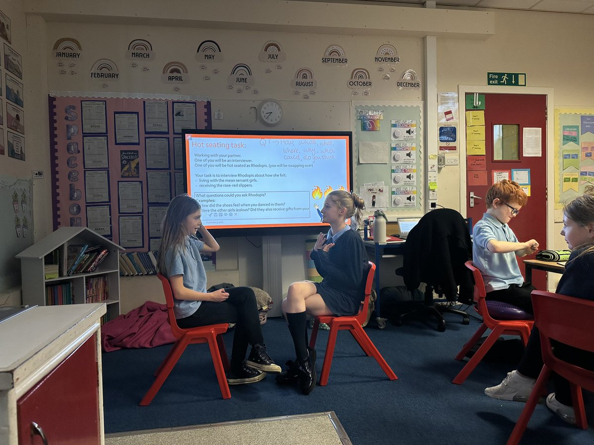 CrudenHatton's tweet photo. During a T4W session today, P4.5.6 played a ‘Hot Seating’ game in pairs. One pupil was the interviewer and the other the character from the text. Interviewers had to think of relevant questions to the text. Pupils loved this game and a lot of fun was had #onTRACK #happyclassroom https://t.co/KXO4g2SeAP
