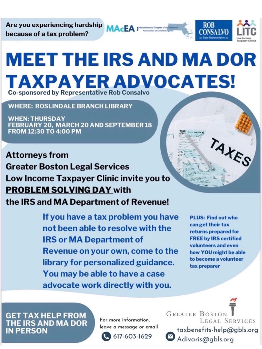 Rob Consalvo (@robconsalvo) on Twitter photo I am proud to co-sponsor taxpayer advocate problem solving days in my District!  This is a great opportunity to work with advocates and reps from the IRS and the MA Department of Revenue should you or anyone you know have a tax issue. I am proud to co-sponsor taxpayer advocate problem solving days in my District!  This is a great opportunity to work with advocates and reps from the IRS and the MA Department of Revenue should you or anyone you know have a tax issue.