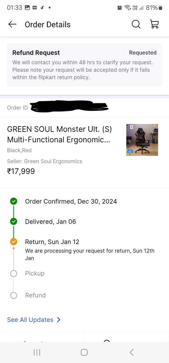targetsiblings's tweet photo. Ordered a gaming chair from @Flipkart, return period was 10 days. Applied for return on Jan 12, but still no action. The return request is stuck, and customer support keeps saying it will be resolved in 48 hours,but nothing has happened. #Flipkart #CustomerService #ReturnIssue https://t.co/i1xqiNPgZF
