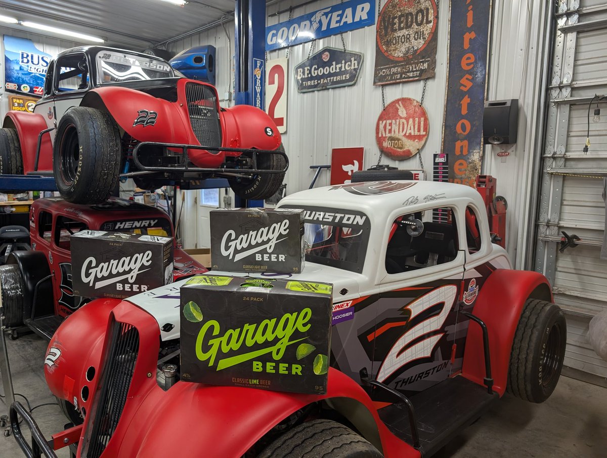 thurstonracing's tweet photo. @drinkgaragebeer and @USLegendCars race cars. Is there a better combination?? #2TR #offseasonwork https://t.co/t1uLcKS9kK