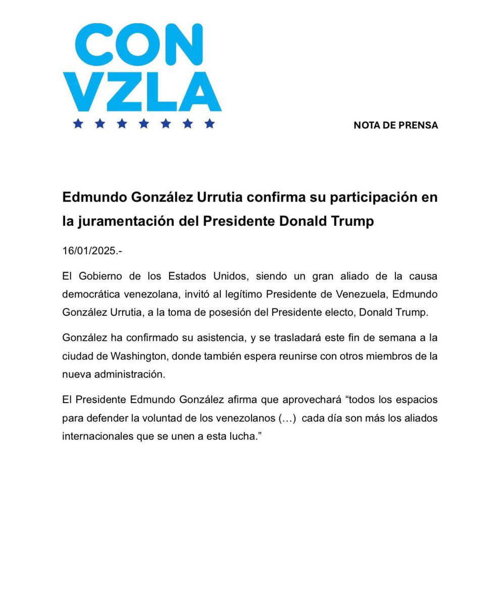 El presidente de Venezuela, Edmundo González, confirma su asistencia a la toma de posesión del presidente Donald Trump, se sumará al presidente Javier Milei, Nayib Bukele, Giorgia Meloni, entre otros.