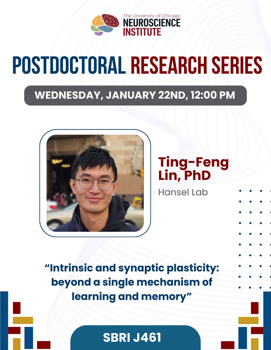 We will host our monthly Postdoctoral Research Series next week! Please join us to learn more about the work of Ting-Feng Lin, PhD from the Hansel Lab!

🗓️Wednesday, January 22nd, 12:00 pm
📍SBRI J461