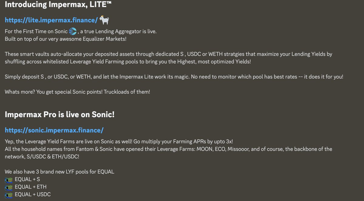 Impermax x Equalizer 💥🤝

Simply deposit $S , or $USDC, or $WETH, and let it work. 

No need to monitor which pool has best rates -- it does it for you!

You get points too👀

<a href="/ImpermaxFinance/">Impermax</a> $EQUAL $S