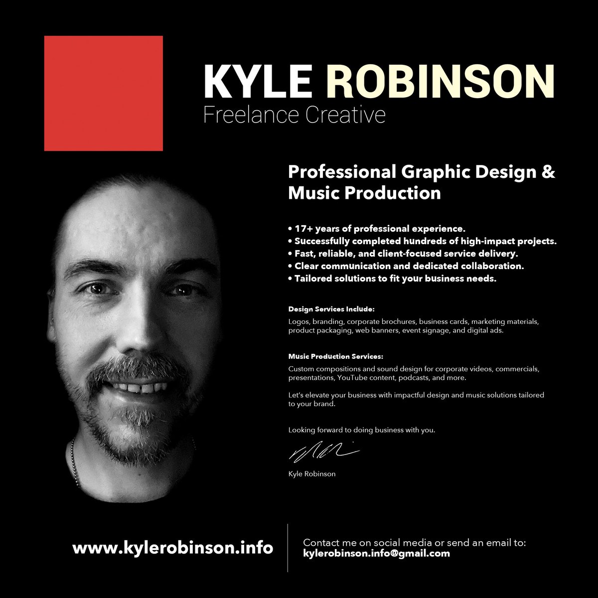 kylerdesign's tweet photo. ✅ Elevate your brand 👍

Professional Graphic Design &amp; Music Production! 🎨🎵

✔️ 17+ years of experience
✔️ High-impact design &amp; custom music
✔️ Tailored solutions for businesses

https://t.co/vKzyuOqwQW ✉️ kylerobinson.info@gmail.com

#GraphicDesign #MusicProduction https://t.co/WCX2cg8PW0