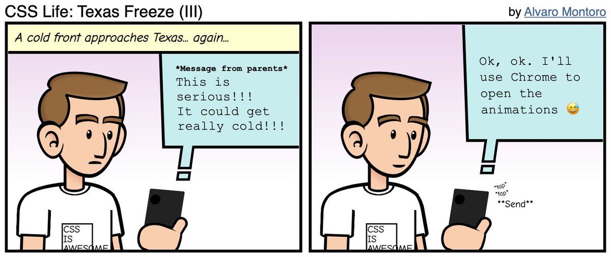 comi_CSS's tweet image. Three years ago I did a series of comics in CSS about how cold the Texas weather was and suggesting some easy CSS solutions to go through it. There&apos;s a new cold front coming next week and there&apos;s snow in the forecast again 🥶 
comicss.art/comics/6/

#css #comic #animations