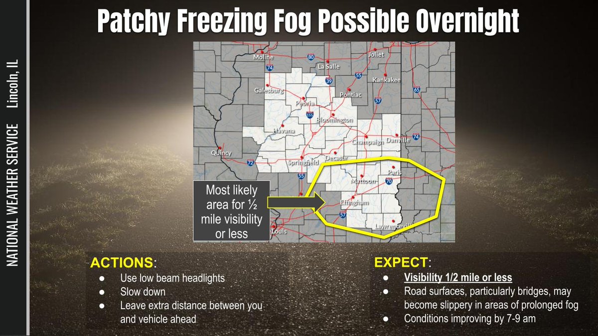 Patchy freezing fog could develop late this evening into early Friday morning. The best chance for visibility less than a half mile is in areas south of I-72. In areas where prolonged fog occurs, road surfaces, particularly bridges, could become slippery. #ILwx