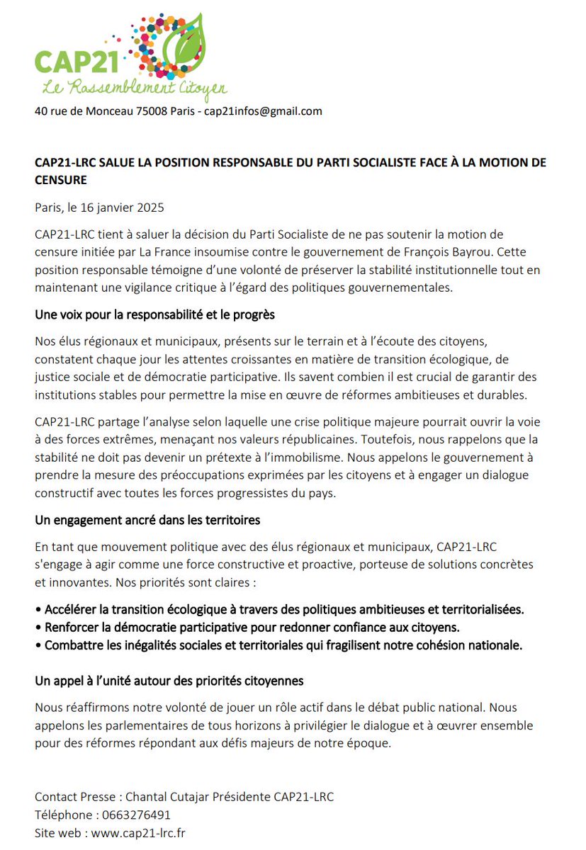 Cap 21 - Le Rassemblement Citoyen (@cap21_lrc) on Twitter photo 📷 CAP21-LRC soutient la décision responsable du <a href="/partisocialiste/">Parti socialiste</a> de ne pas soutenir la motion de censure.
Stabilité démocratique
Transition écologique
Justice sociale
📷 Découvrez notre communiqué :
#CAP21LRC #StabilitéDémocratique #TransitionÉcologique #JusticeSociale 📷 CAP21-LRC soutient la décision responsable du <a href="/partisocialiste/">Parti socialiste</a> de ne pas soutenir la motion de censure.
Stabilité démocratique
Transition écologique
Justice sociale
📷 Découvrez notre communiqué :
#CAP21LRC #StabilitéDémocratique #TransitionÉcologique #JusticeSociale