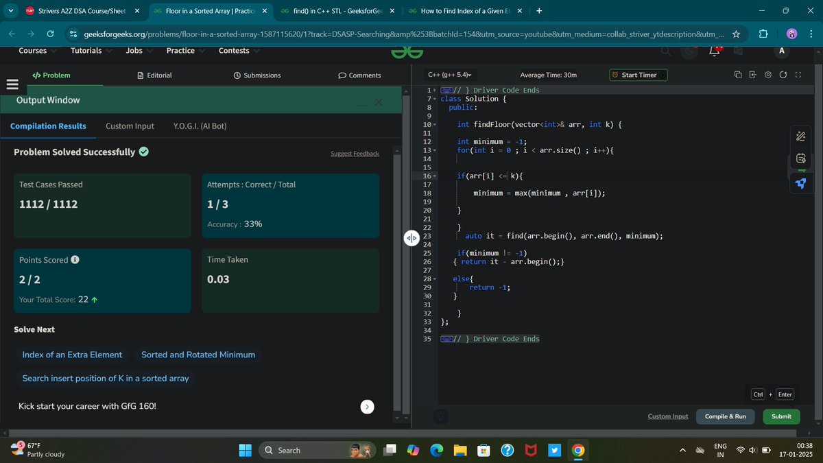 AniketWanave007's tweet photo. Day 07/100 of #100DaysOfCode Today I solved 3 problems on binary search.
1.Finding lower bound and upper bound element in an array on @geeksforgeeks 
2. Search insert position in an array on @leetcode problem no 35.
#LearnInPublic #Coding #CodingJourney https://t.co/A8wh1M0Lip
