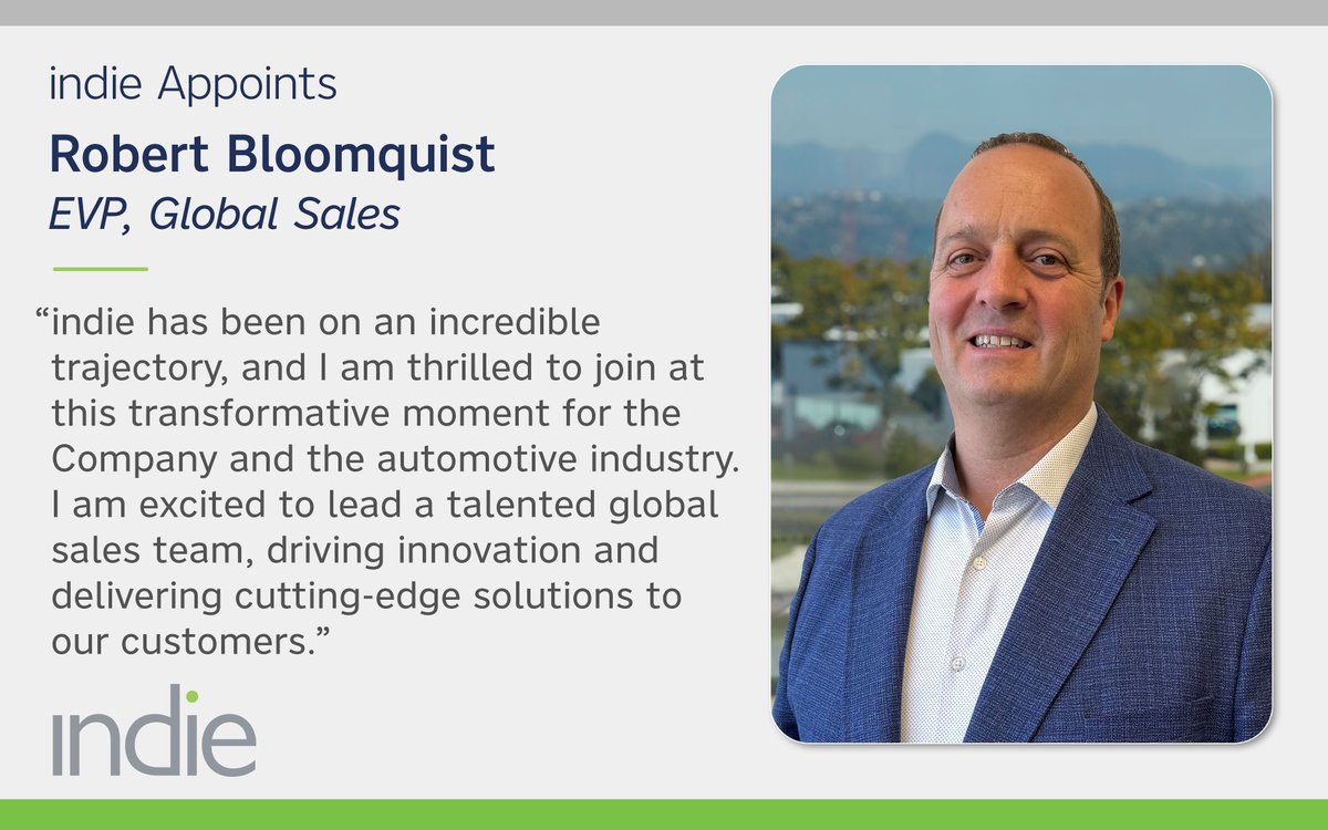 We are excited to announce the appointment of Robert Bloomquist as Global EVP of Sales at indie. Mr. Bloomquist joins us with an extensive background in the automotive industry and will focus on sales strategy, growth, and execution worldwide.