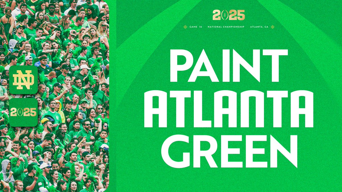 The Fighting Irish (@fightingirish) on Twitter photo Make sure you have green in those suitcases as you head to Atlanta for the <a href="/CFBPlayoff/">College Football Playoff</a>!
Let's paint Atlanta green in support of our <a href="/NDFootball/">Notre Dame Football</a> squad 💚
#GoIrish Make sure you have green in those suitcases as you head to Atlanta for the <a href="/CFBPlayoff/">College Football Playoff</a>!
Let's paint Atlanta green in support of our <a href="/NDFootball/">Notre Dame Football</a> squad 💚
#GoIrish