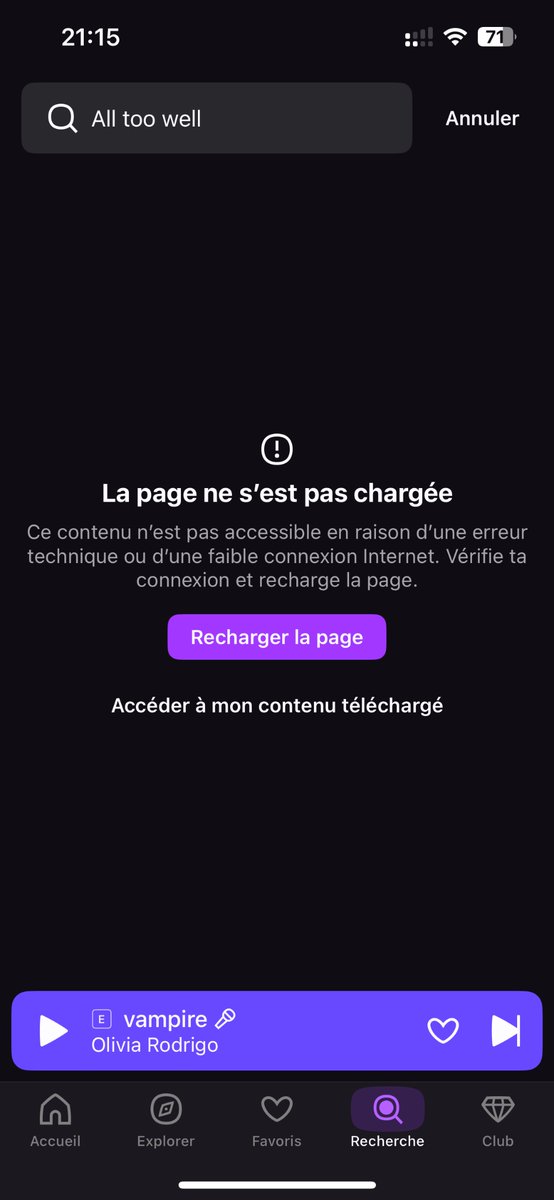laeitbe's tweet photo. Bonjour, depuis plusieurs jours, je ne peux plus chercher de titres ! Quelle solution avez-vous pour moi svp ? @DeezerFR (j’ai bien sûr une bonne connexion wifi/5G) https://t.co/UrzJrh9Kin