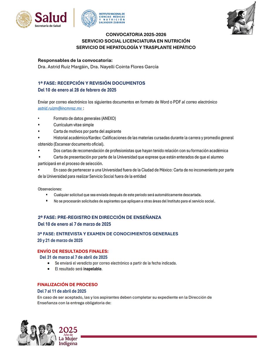 🟢Ya está abierta la convocatoria para Servicio Social de la Lic. en Nutrición en el Servicio de Hepatología y Trasplante Hepático del <a href="/incmnszmx/">INCMNSZ</a>, para quien quiera aprender de Nutrición en enfermedades hepáticas.🙌🏻
 incmnsz.mx/opencms/conten…

📩Fecha límite documentos: 28 feb 2025