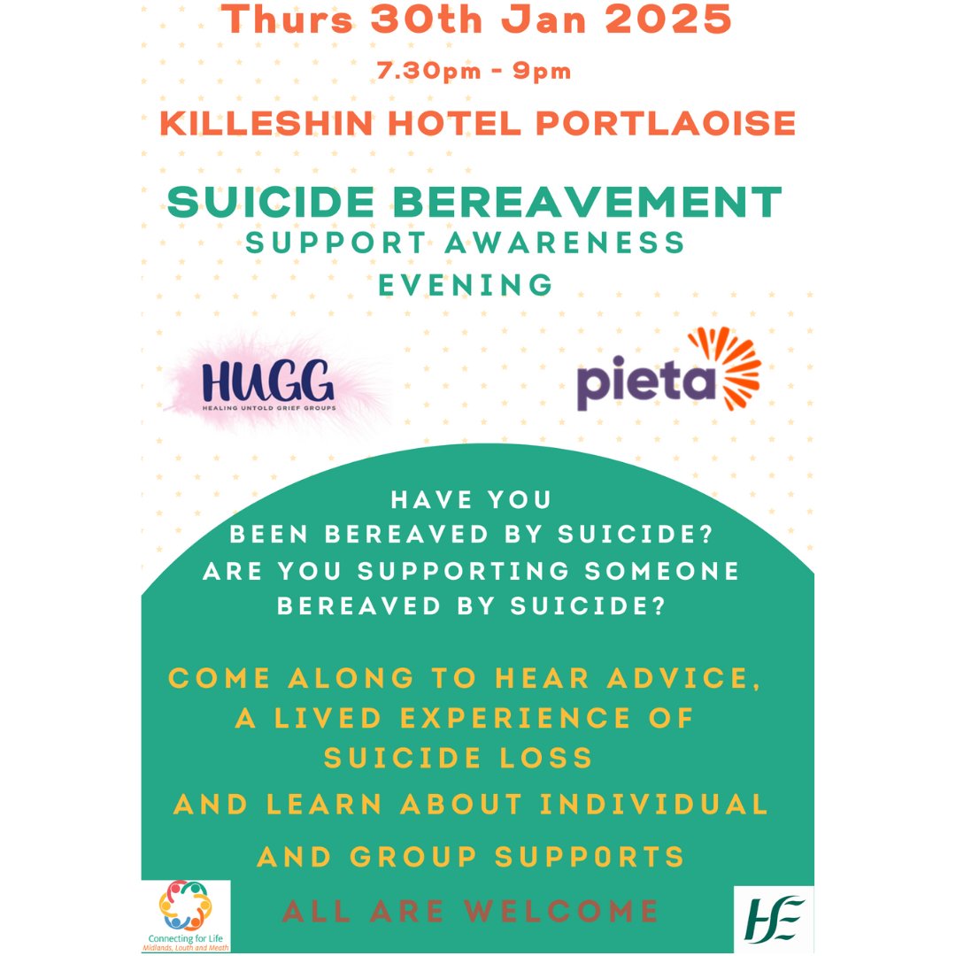 HUGG (@huggireland) on Twitter photo If you or someone you know in the Portlaoise area has been affected by suicide loss, you are welcome to attend this free information event hosted by the <a href="/HW_HSEDubMid/">HSE Dublin and Midlands, Health & Wellbeing</a>
A HUGG volunteer will share her lived experience and you will learn about support services available. If you or someone you know in the Portlaoise area has been affected by suicide loss, you are welcome to attend this free information event hosted by the <a href="/HW_HSEDubMid/">HSE Dublin and Midlands, Health & Wellbeing</a>
A HUGG volunteer will share her lived experience and you will learn about support services available.
