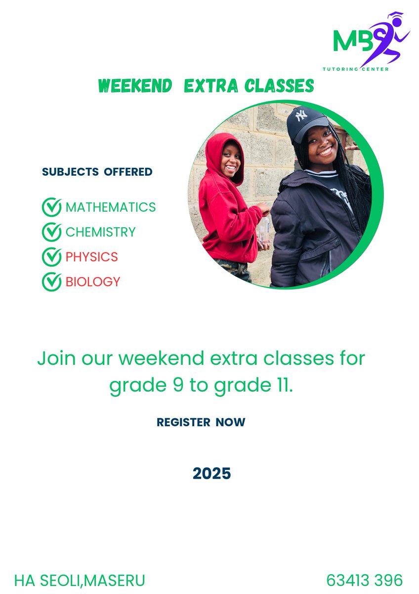 sakhutlang's tweet photo. Join our High School Extra classes at Mahlaseli primary school(Behind Qoaling Filter Clinic Ha seoli) with M100.00 per month each subject. 
Registration fee ke M100 

We offer the following subjects 
Mathematics,Physical Science and Biology  
63413396 https://t.co/FvW7xXOF1j