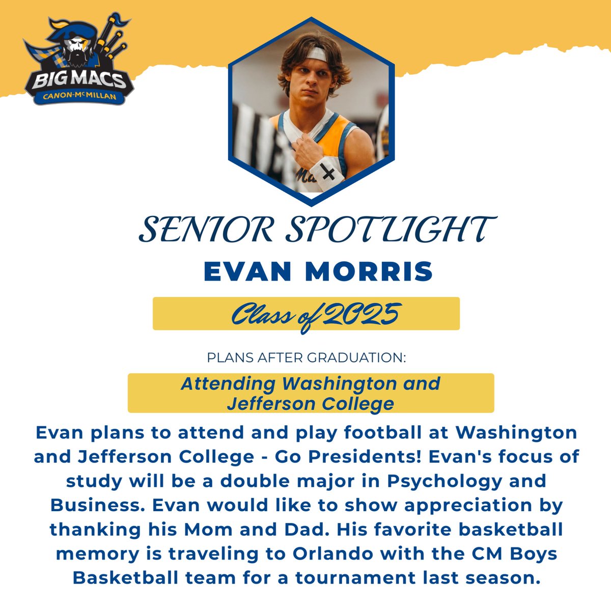 cmboysbball's tweet photo. Senior Spotlight - Evan Morris
Evan is a multi sport athlete, showing his strength playing both football and basketball for Canon Mac. We are excited to watch him play football for the W &amp; J Presidents. Good luck Evan! Senior Night is tomorrow - join us to cheer on Evan! https://t.co/V685glxkvq