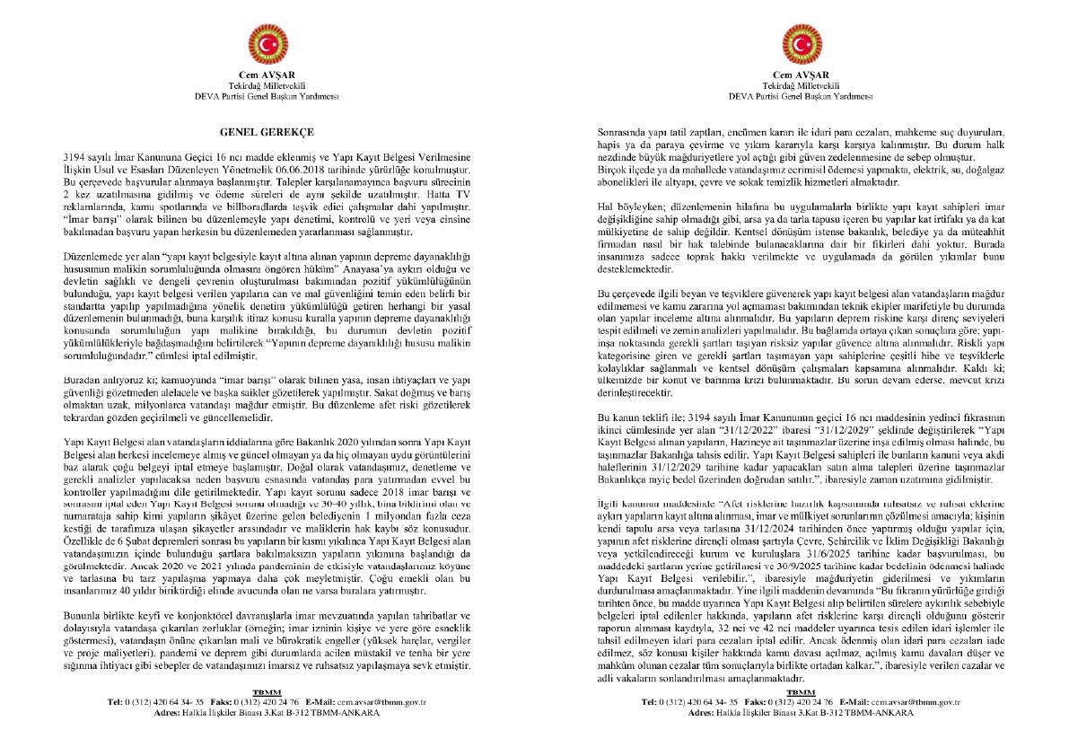 #YapıKayıt Yapı kayıt mağdurlarına ilişkin kanun teklifi

Yapı kayıt mağdurlarına ilişkin düzenleme içeren kanun teklifi veren DEVA Partili Cem Avşar, “Yapıların afet riskine karşı dirençlilik durumları dikkate alınarak mağduriyet giderilmelidir” dedi
#YapıKayıtBelgesi #YapıKayıt