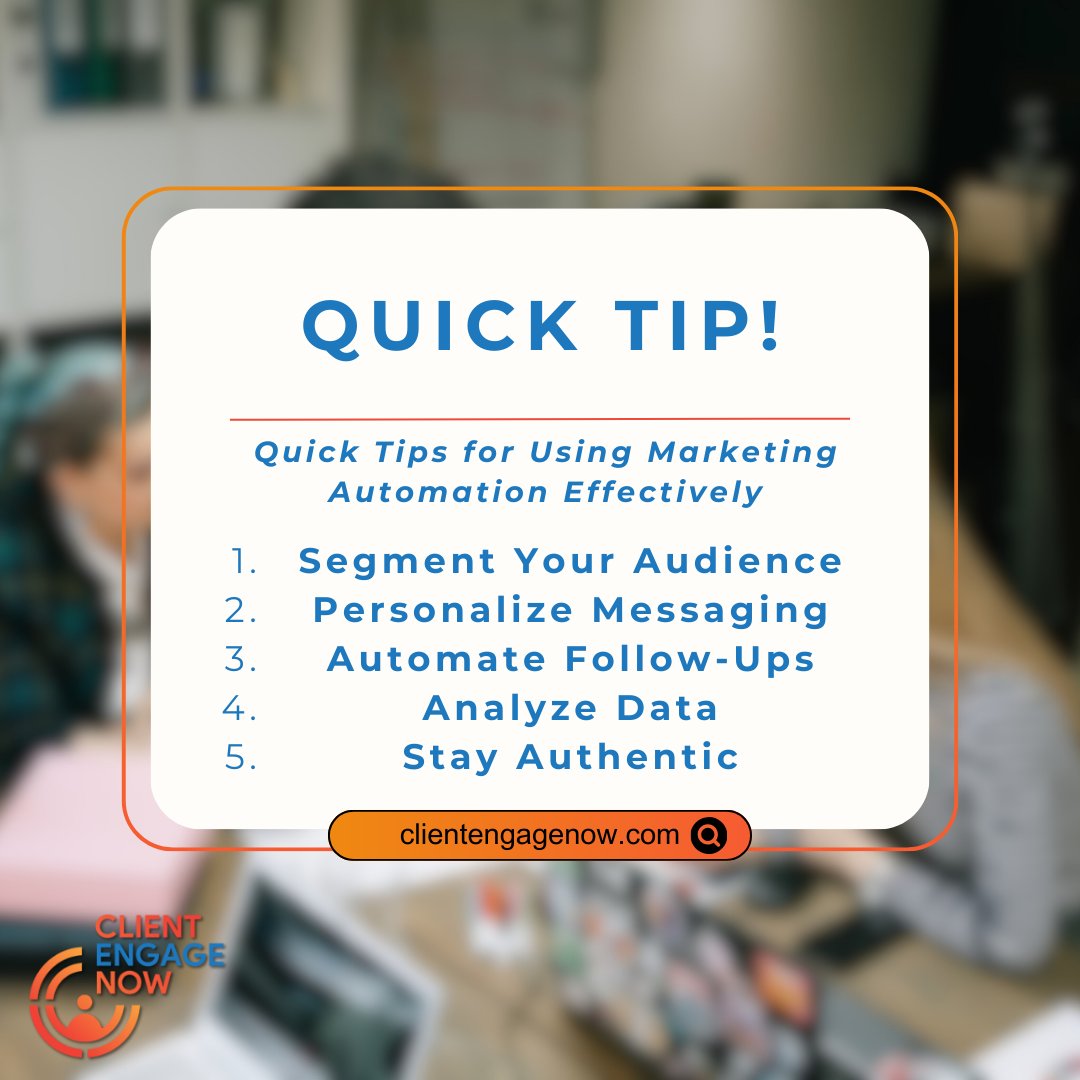 ClientEngageNow's tweet image. We&apos;ve got a tip for you! 🌟✏️ Use Marketing Automation to create personalized content for your audience 🎯, enhancing engagement and building stronger connections. #PersonalizationTips #ClientEngageNow