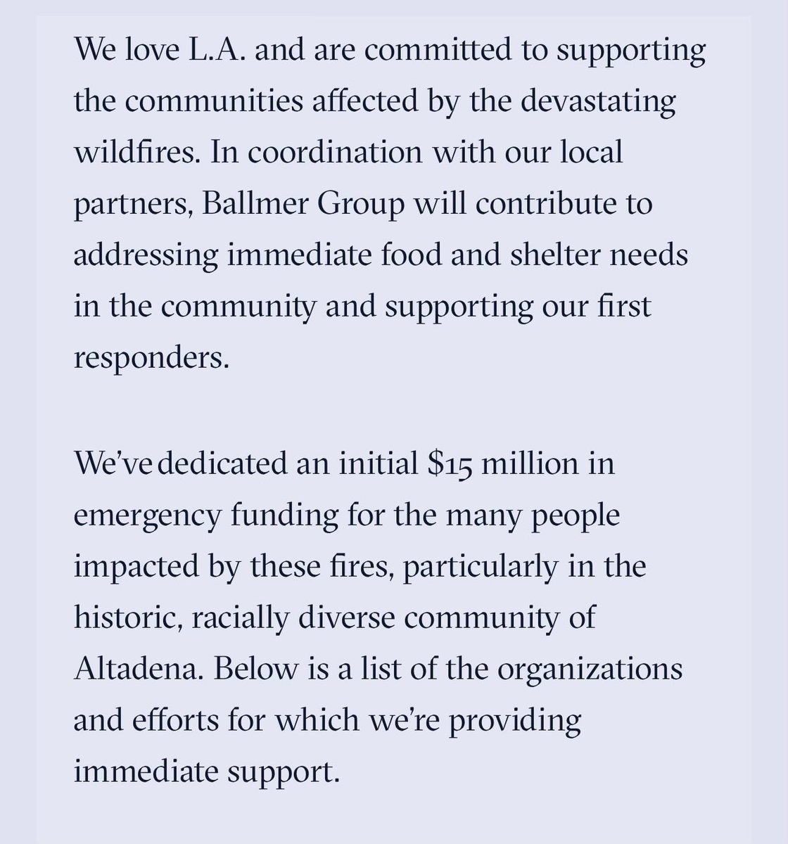 Connie and Steve Ballmer share that they are contributing $15 million towards wildfire relief efforts while highlighting Altadena in particular