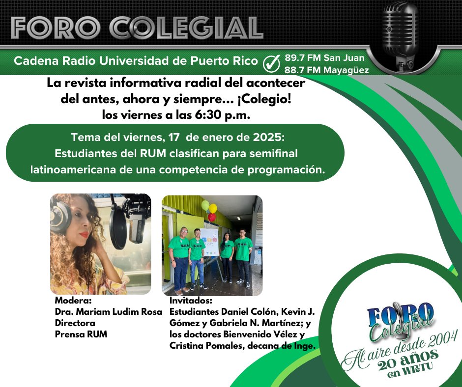 LOS VIERNES EN LA TARDE SON DE FORO COLEGIAL
Este viernes, 17 de enero los estudiantes Daniel Colón, Kevin J. Gómez y Gabriela N. Martínez, de Ingeniería de Software y del equipo, nos hablan sobre su clasificación a la semifinal latinoamericana de una competencia de programación.