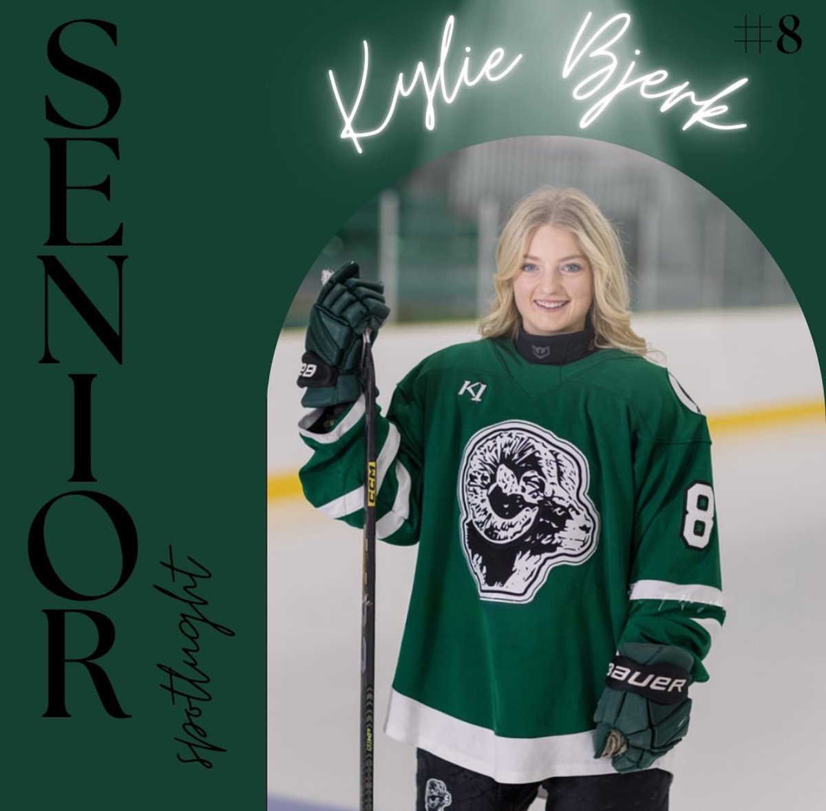 RHSGirlsHockey's tweet photo. SENIOR WEEK! 
Our next senior to highlight is defenseman #8, Kylie Bjerk! 
We are so grateful to have you as apart of our team, Kylie! We wish you the best of luck on your future journey! 
Kylie will be attending the North Dakota State University next year for interior design! 🏡 https://t.co/RcT0biADPi