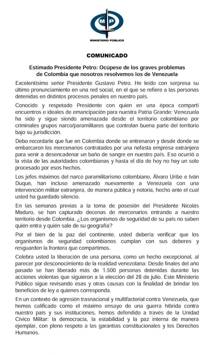 EmbaVECuba's tweet photo. #COMUNICADO Fiscal General, Tarek William Saab, responde a las declaraciones hechas por el presidente de Colombia, Gustavo Petro, en relación a los detenidos en distintos procesos penales en Venezuela. https://t.co/gxZL4y9Xc2