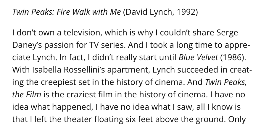 speederaserhead's tweet image. Jacques Rivette on David Lynch and Fire Walk With Me