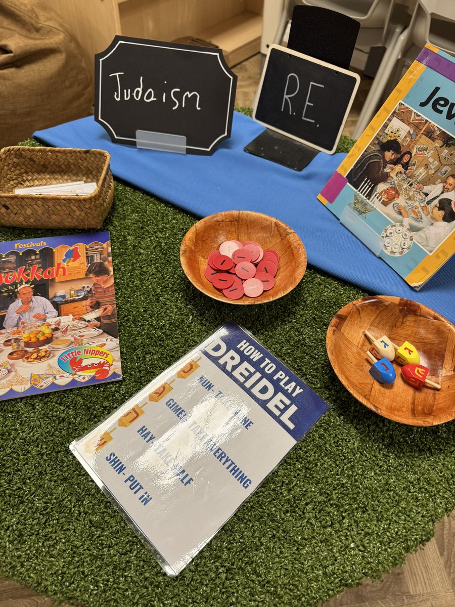 sss_year2's tweet photo. This spring term we are learning about Judaism. Here is a little peak of our new RE provision area, with books, a matching activity and a dreidel game for the children to play ✨ #sssre https://t.co/1Pqv1FTin7