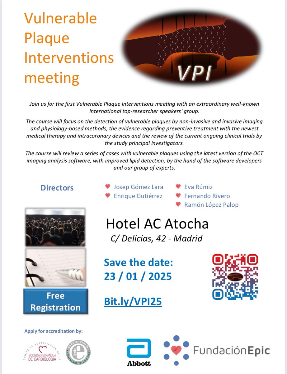 pbaglioni's tweet photo. **Primer curso de intervenciónismo sobre placa vulnerable**  
**Fecha:** 23 de enero  (Día Mundial de la Libertad) 
**Modalidad:** Presencial en Madrid o virtual  
** Organiza:** Epic  Meetings

Únete a este innovador curso que aborda el tratamiento de placas vulnerables, combinando teoría y práctica. Aprende de expertos en cardiología y mejora tus habilidades en intervencionismo. ¡No te lo pierdas! Regístrate ahora para asegurar tu lugar.

@fundacionepic @foroepic @josepgomezlara @RumoJose @pipecardio @JuradoRomanAl @shci_sec @secardiologia @Hemodinamica12O @MPAOSS @HemodinamicaCR @HiguerasJavier @VulnerableTrial