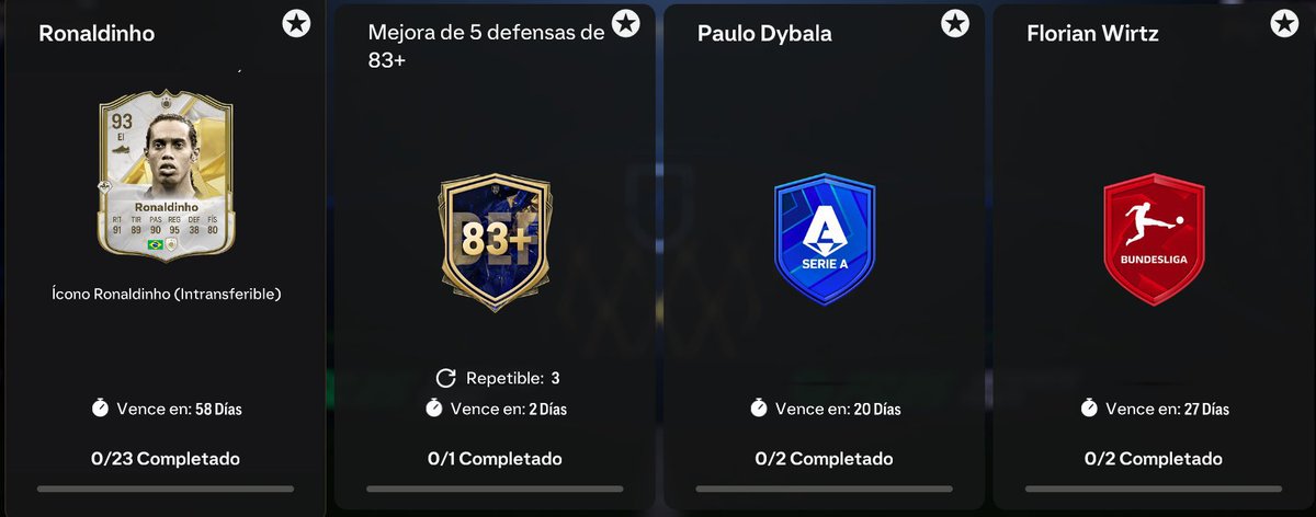 El Contenido de EA FC 25 para Hoy es:

🔹Ronaldinho: 84, 84 + IF, 85 + IF, 86 + IF, 5 x 87, 6 x 88, 6 x 89
🔹Mejora 5 Defensas 83+: 84, con una de 86
🔹Dybala POTM: 85, 86 + IF
🔹Wirtz POTM: 84, 85 + IF
🔹Greenwood POTM: 83, 85
🔹Marquesinas
🔹Objetivos por Sobres